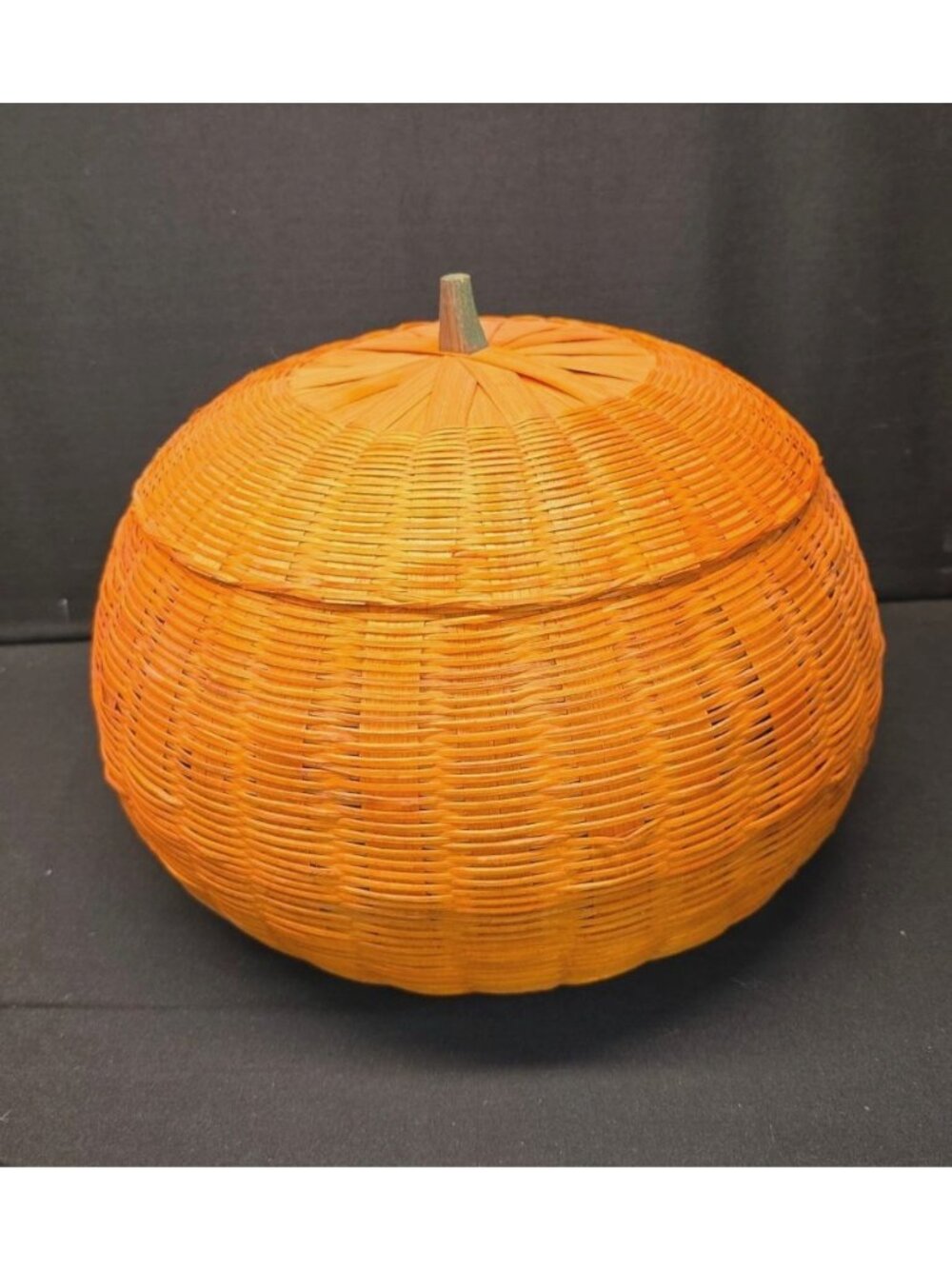 Large Vintage Orange Pumpkin Wicker Basket with Wood Stem Pinecone Filler Fall